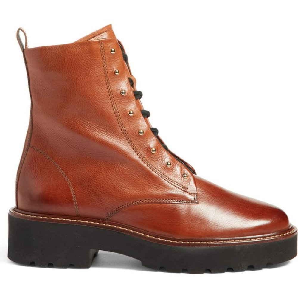 $600 PAUL GREEN JOAN LACE-UP BOOTIE COMBAT STUDS LEATHER COGNAC 9  (D19)
